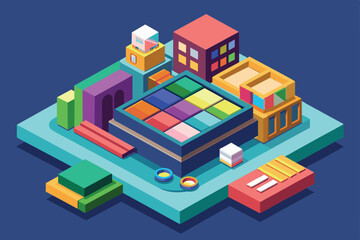 A colorful isometric illustration featuring a lively city block filled with unique buildings and structures, Palette Customizable Isometric Illustration