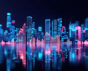 Urban skyline lit up with holograms of largecap indices, Large Cap Stocks, blending finance and innovation