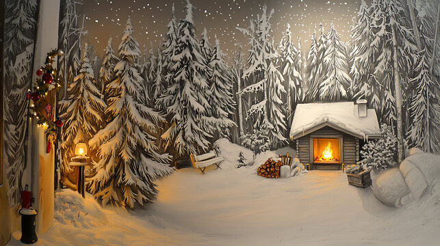 A winter scene with a cabin and a fireplace. generated using AI