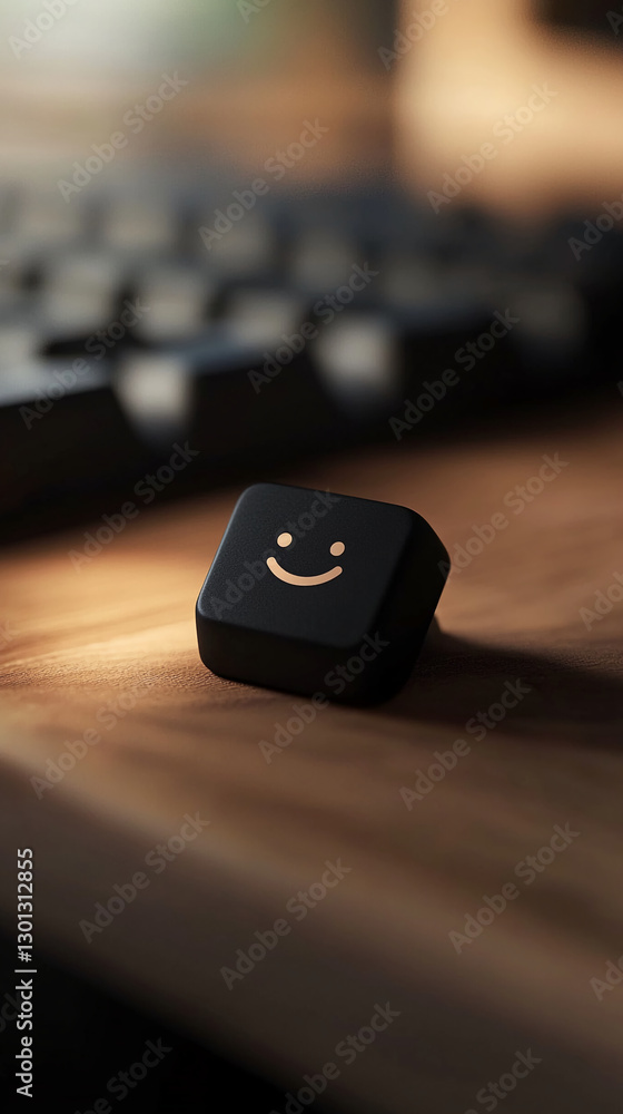 Aufkleber Close-up of a keyboard key with a smiley face symbol, emphasizing positive communication and modern technology, with a warm bokeh background.