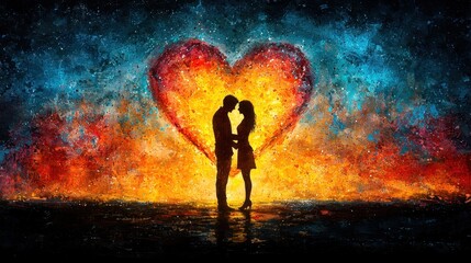 Fototapeta premium Silhouetted couple in front of a colorful heart backdrop.