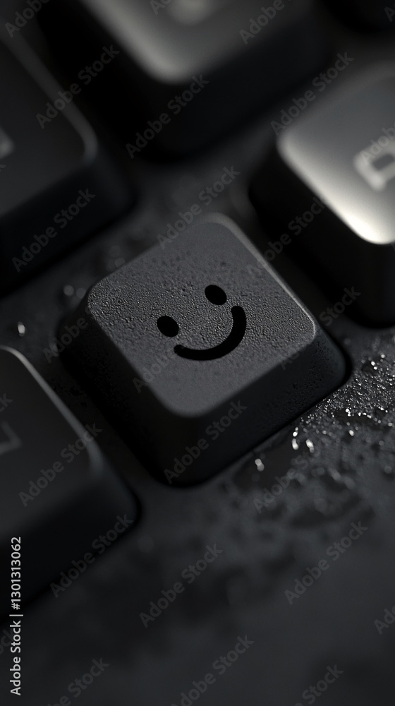 Poster Close-up of a black keyboard key with a smiley face symbol, showcasing positivity and communication in modern digital technology with a shallow depth of field.