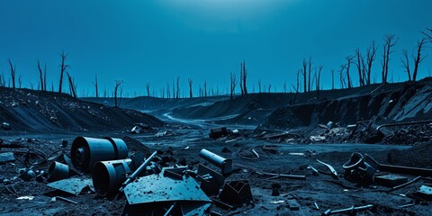 Polluted landscape near mining operation with debris and dark soil.