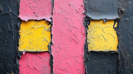 Closeup of a colorful black, pink, and yellow painted urban wall texture with four wrinkled glued poster templates for a modern mockup.