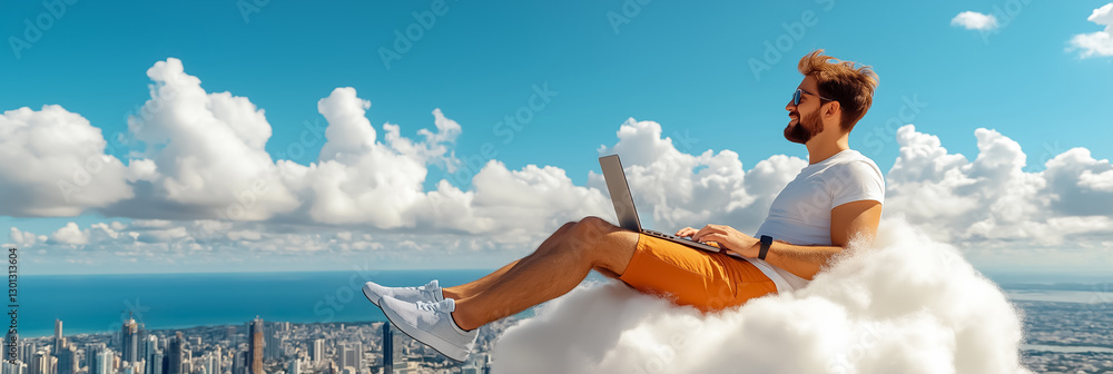 Poster a software developer enjoys a peaceful moment on a soft cloud, using a laptop while gazing down at a