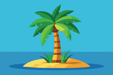 A vibrant palm tree stands tall on a sandy island encircled by turquoise water, showcasing a tropical paradise, Palm tree Customizable Flat Illustration