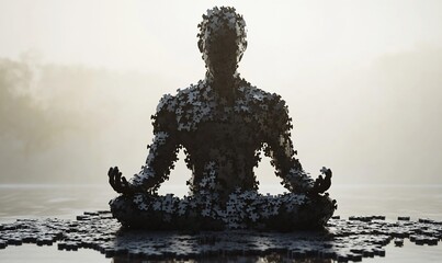 Puzzle Man Meditates Misty Lake Sunrise Calm