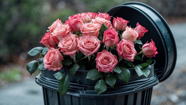 Pink roses in garbage bin symbolizing rejection and lost love