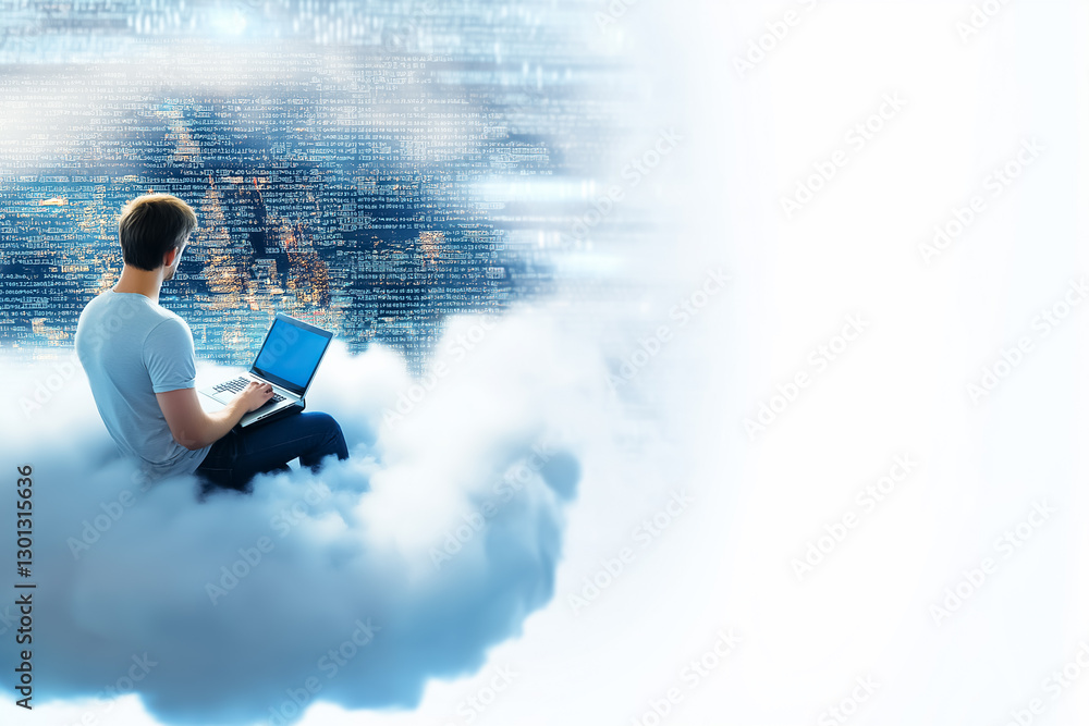 Poster a software developer sits calmly with a laptop on a fluffy cloud, viewed from above, as a vibrant ci