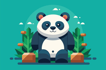 A friendly panda relaxes in a lush green environment, surrounded by colorful plants and playful elements, Pandas Customizable Flat Illustration