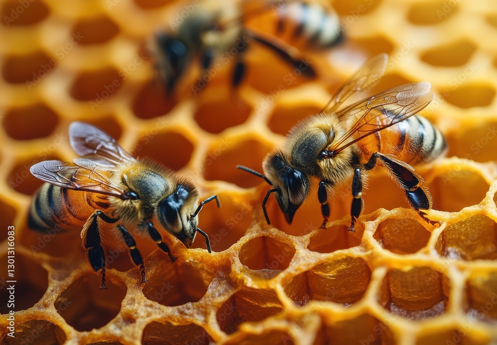 Poster close-up of honey bees collecting nectar and pollinating honeycomb cells in a natural beehive enviro