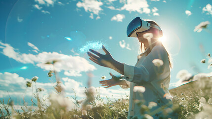 A woman in VR headset explores outdoor gaming ecosystem surrounded by blooming flowers in digital landscape under clear blue sky, experiencing innovative interactive technology