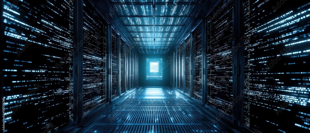 Poster digital data center: a futuristic server room with glowing code