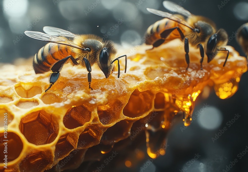 Aufkleber close-up of honey bees collecting nectar from a honeycomb with sparkling environment and glorious go