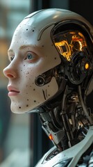 Fototapeta premium A humanoid robot stands prominently with realistic human features, showcasing advanced technology and design during a technology exhibition in an urban setting