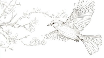Elegant bird takes flight amidst blossoming branches in delicate sketch style