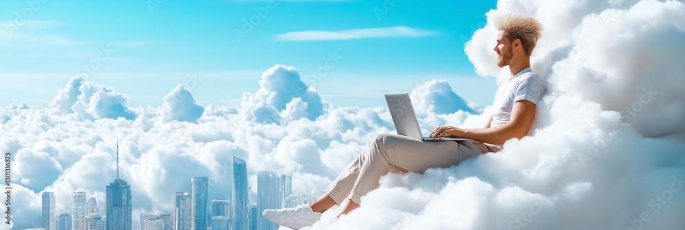 Poster a software developer enjoys a moment of tranquility while working on a laptop atop a white fluffy cl