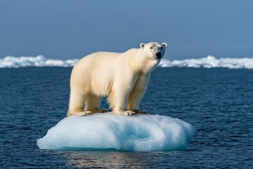 Naklejka premium A polar bear standing on a tiny melting iceberg, surrounded by vast open ocean