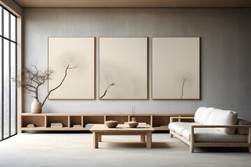 Modern living room interior with sofa and picture frame in classic style. 