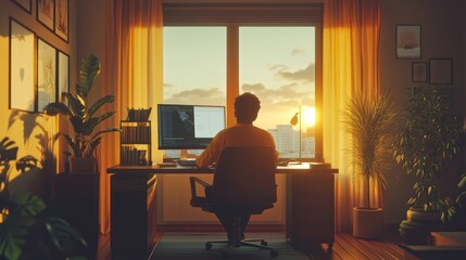 Golden Hour Workspace: A Serene Sunset View from a Home Office