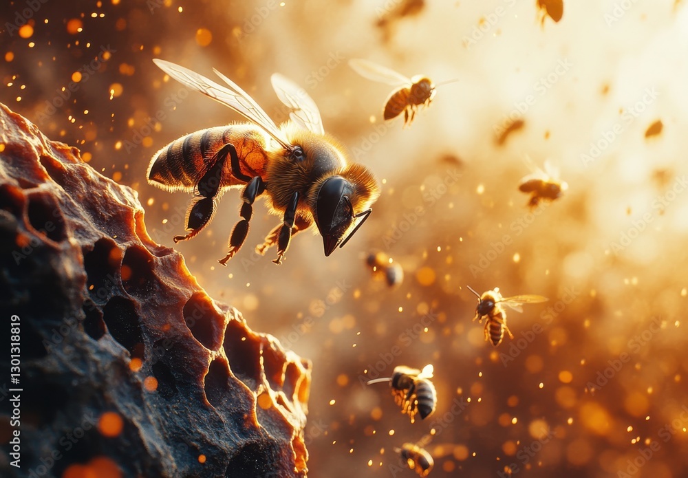 Poster close-up of honey bees collecting nectar with sunlight creating a magical atmosphere in a colorful n