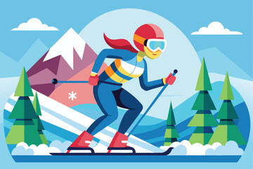 A skier navigates a flat slope, showcasing para alpine skiing against a snowy mountain backdrop, Para alpine skiing Customizable Flat Illustration