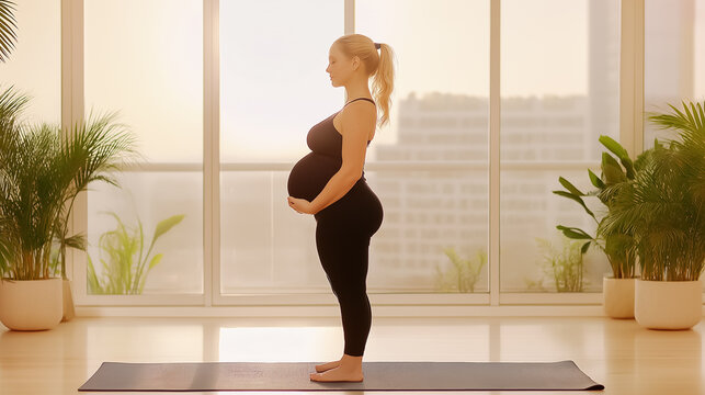 With a serene expression, a pregnant woman practices simple prenatal yoga poses on a thick mat, embracing calmness and nurturing maternal health in a sunlit studio space