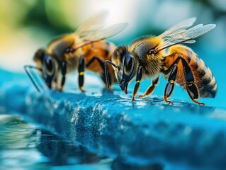 Naklejka premium Close-up of Honey Bees Collecting Water from a Surface, Showcasing Detailed Features and Textures of Insects in a Natural Setting