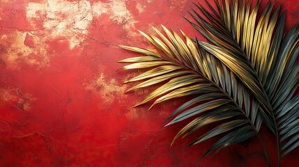 Fototapeta premium Close-up of a golden palm leaf against a bright red textured background, creating a luxurious and tropical art deco design.