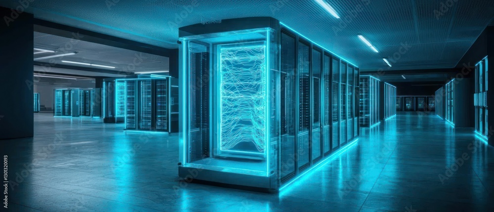Poster futuristic data center: a network of servers illuminated in cyan
