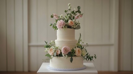 Fototapeta premium Elegant Three Tier Wedding Cake with Fresh Floral Decoration