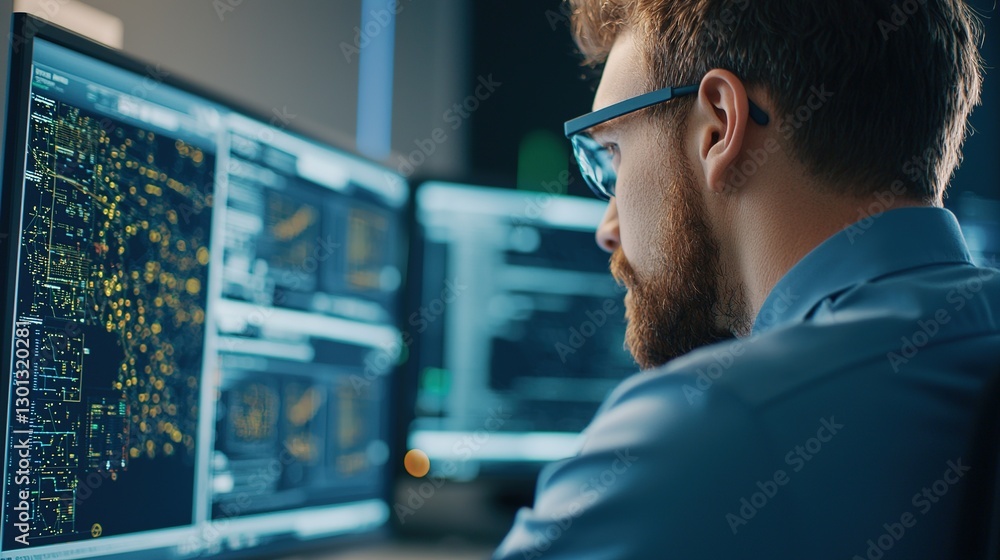 Poster it technician troubleshooting complex systems in modern office environment focused viewpoint technol