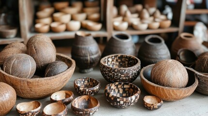 Coconut shell crafts arranged in a traditional market setup, showcasing their handmade charm