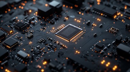This detailed depiction reveals complex microchip circuitry, highlighting circuits and components with glowing lights, demonstrating advanced electronic technology