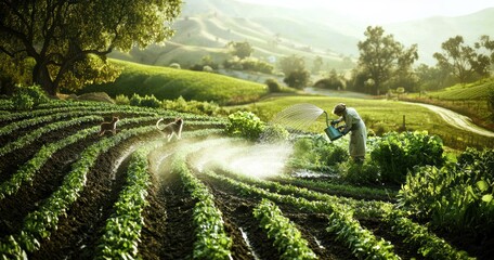 Fototapeta premium Lush and Fertile Fields A Dedicated Farmer Tending to Bright Vibrant Crops in Soft Gentle Light
