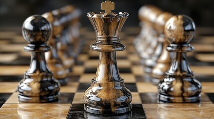 Strategic showdown unfolds as king reigns supreme at the center of a chessboard, with pawns ready for critical maneuvers in a captivating game of skill and intellect