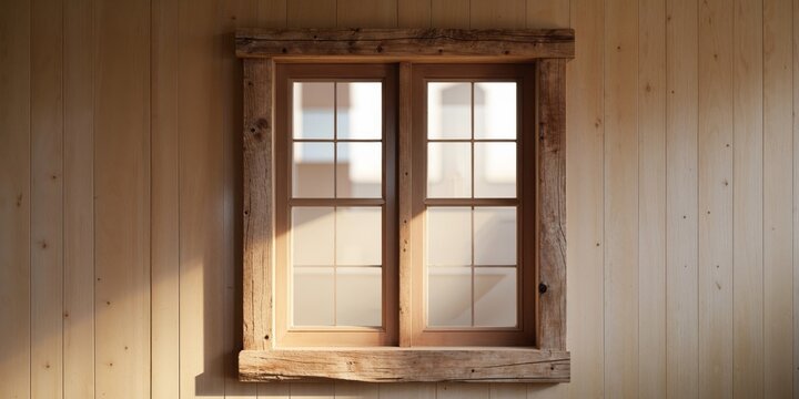 Wood framed window on paneled wall lets in sunlight.