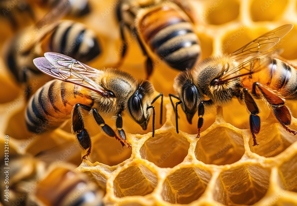 Poster close-up of honey bees on honeycomb, detailed macro shot showing intricate wings and body patterns i