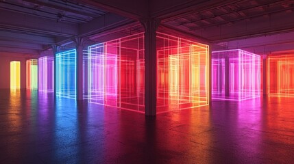 Fototapeta premium Neon Cubes in an Industrial Space: A Vibrant Symphony of Light and Color