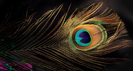 Obraz premium Peacock feather on black or dark background in unreal magic style. Neon lights, soft luminescence