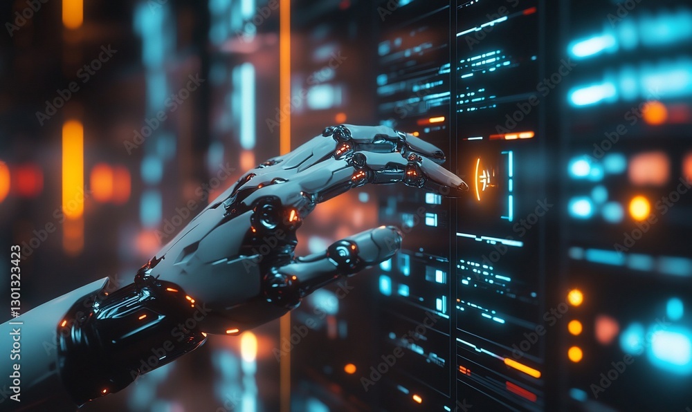 Poster robotic hand interacting with futuristic server interface
