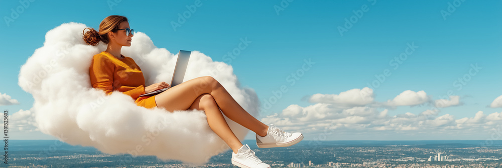 Poster a software developer enjoys a serene moment working on a laptop while seated on a fluffy white cloud