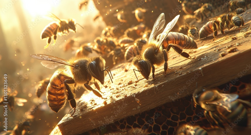 Poster close-up of honey bees working on hive with beautiful sunlight filtering through the trees at golden