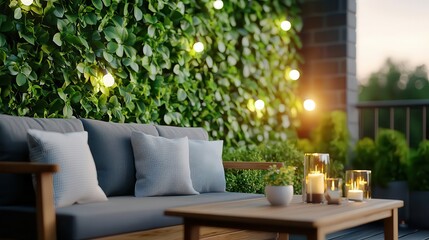 Garden greenery walls aesthetic decorative touch Cozy outdoor seating with greenery and soft lighting ambiance.