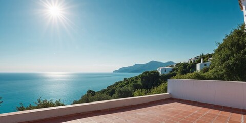 Fototapeta premium Overlooking the tranquil sea from a hillside terrace under clear skies.