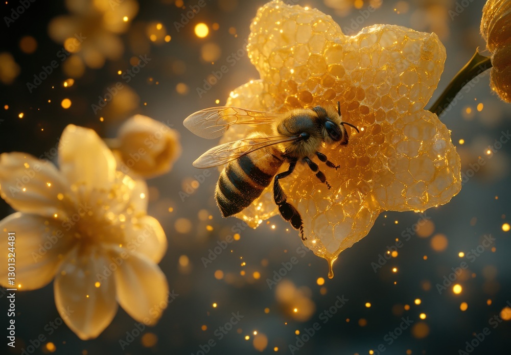 Poster close-up of honeybee collecting nectar from vibrant golden flower with honeycomb background and spar
