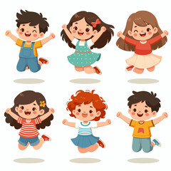 Cheerful Cartoon Children Jumping with Joy, Expressing Happiness and Playfulness for Educational Materials and Children's Illustration Projects