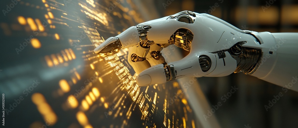 Poster robotic hand interacts with digital data; futuristic tech background