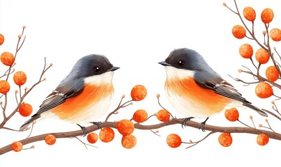 Two colorful birds rest on branches adorned with bright orange berries in this folk art design. The lively scene captures a joyful essence of nature and creativity, ideal for various decorative uses
