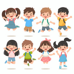 Cheerful Cartoon Kids Jumping with Backpacks